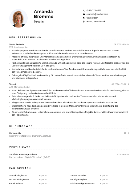 Lebenslauf-Muster für Texter*in