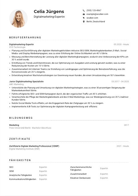 Lebenslauf-Muster für Digitalmarketing-Expert*in