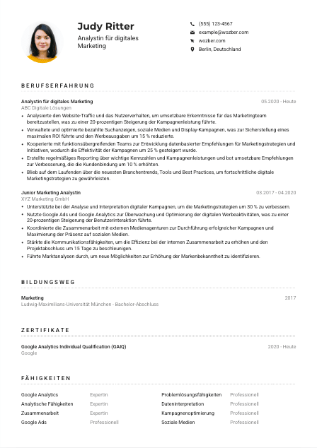 Lebenslauf-Muster für Analyst*in für digitales Marketing
