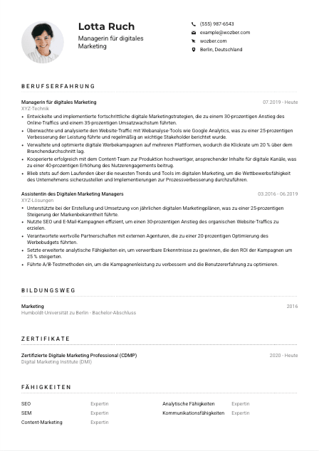 Lebenslauf-Muster für Manager*in für digitales Marketing