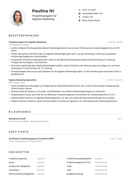 Lebenslauf-Muster für Projektmanager*in digitales Marketing