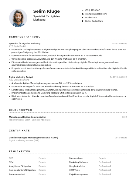 Lebenslauf-Muster für Spezialist*in für digitales Marketing