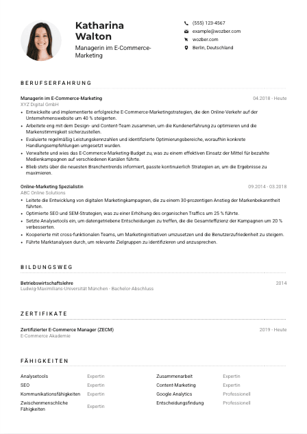Lebenslauf-Muster für Manager*in im E-Commerce-Marketing