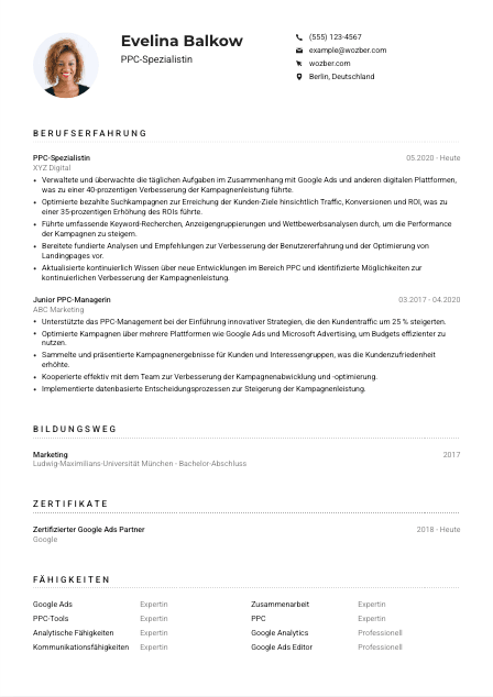 Lebenslauf-Muster für PPC-Spezialist*in