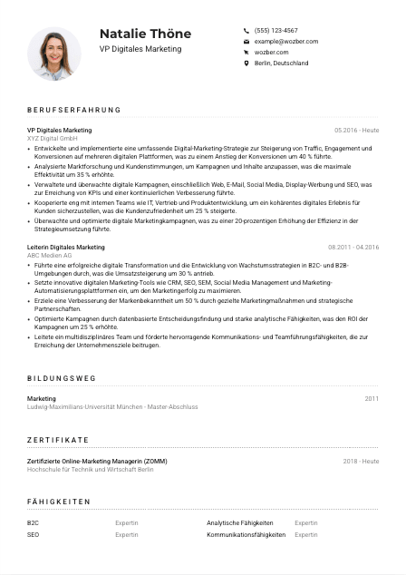 Lebenslauf-Muster für VP Digitales Marketing