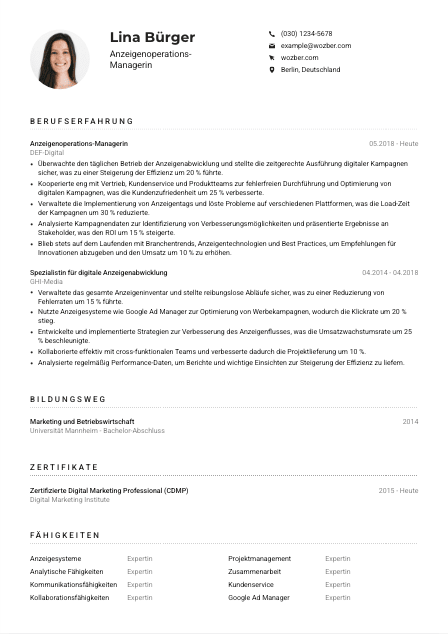 Lebenslauf-Muster für Anzeigenoperations-Manager*in