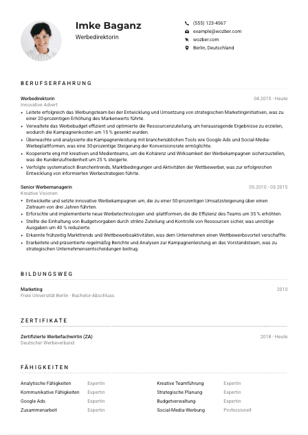 Lebenslauf-Muster für Werbedirektor*in