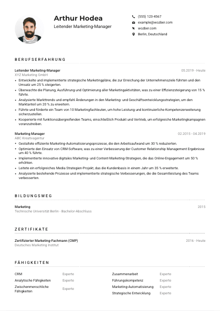 Lebenslauf-Muster für Leitende*r Marketing-Manager*in