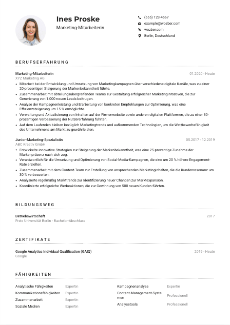 Lebenslauf-Muster für Marketing-Mitarbeiter*in