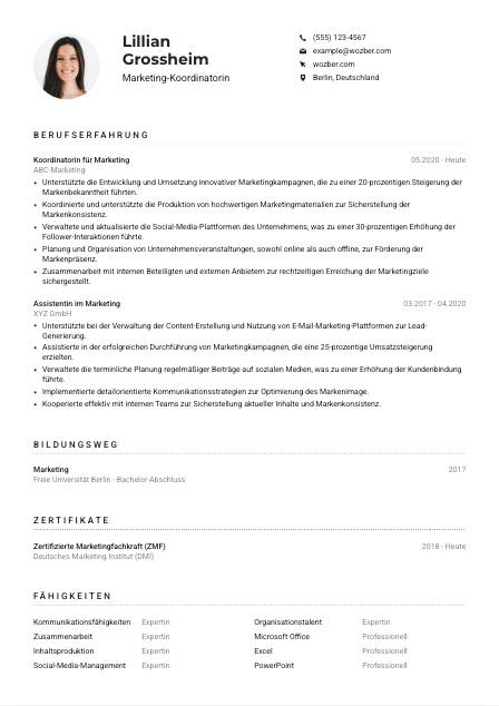 Lebenslauf-Muster für Marketing-Koordinator*in
