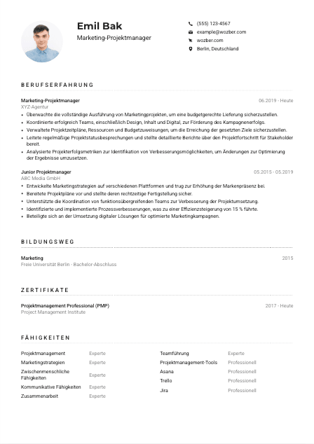 Lebenslauf-Muster für Marketing-Projektmanager*in