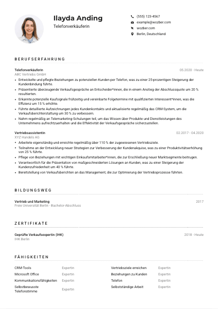 Lebenslauf-Muster für Telefonverkäufer*in