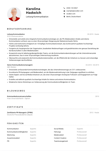 Lebenslauf-Muster für Leitung Kommunikation