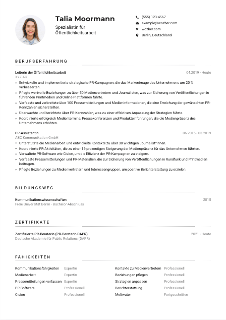 Lebenslauf-Muster für Spezialist*in für Öffentlichkeitsarbeit