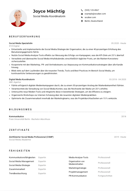 Lebenslauf-Muster für Social Media Koordinator*in