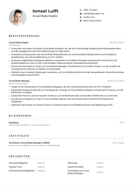 Lebenslauf-Muster für Social Media Direktor*in