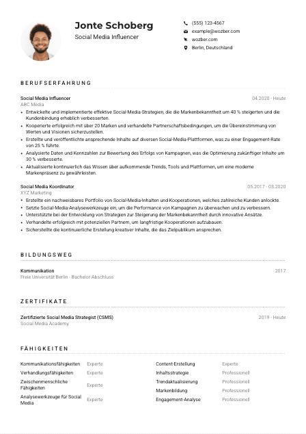 Lebenslauf-Muster für Social Media Influencer*in