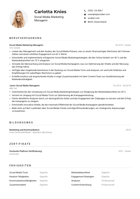 Lebenslauf-Muster für Social Media Marketing Manager*in