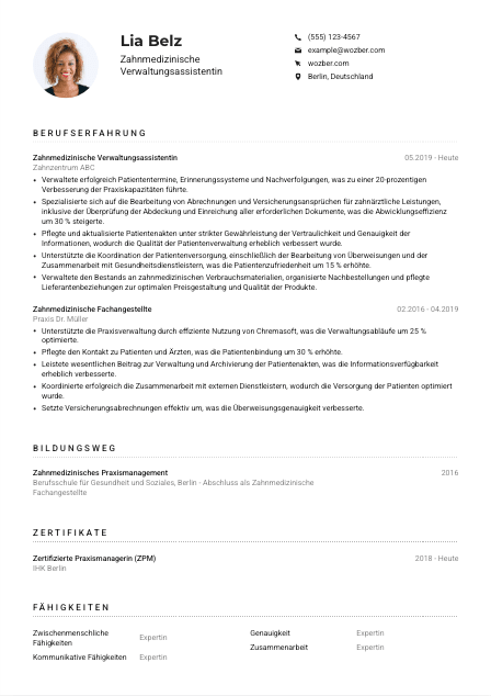 Lebenslauf-Muster für Zahnmedizinische*r Verwaltungsassistent*in