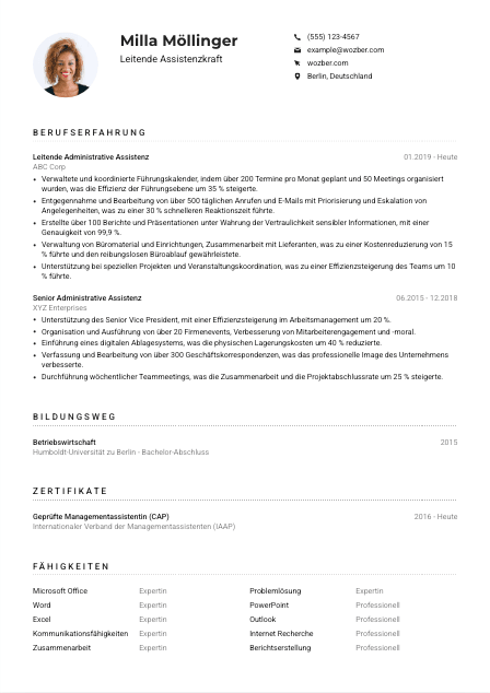 Lebenslauf-Muster für Leitende Assistenzkraft