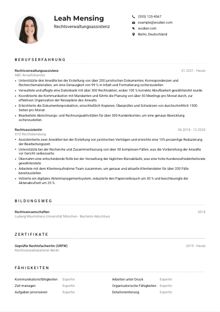 Lebenslauf-Muster für Rechtsverwaltungsassistenz