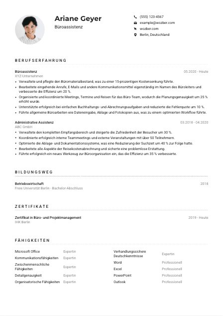 Lebenslauf-Muster für Büroassistenz