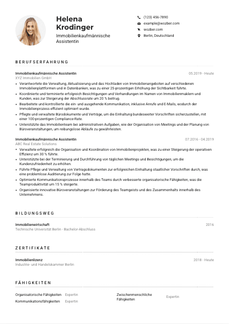 Lebenslauf-Muster für Immobilienkaufmännische*r Assistent*in