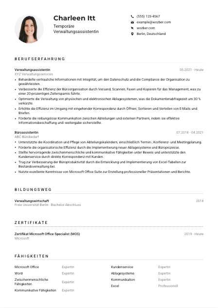 Lebenslauf-Muster für Temporäre*r Verwaltungsassistent*in