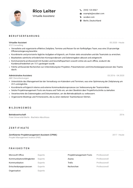 Lebenslauf-Muster für Virtuelle Assistenz