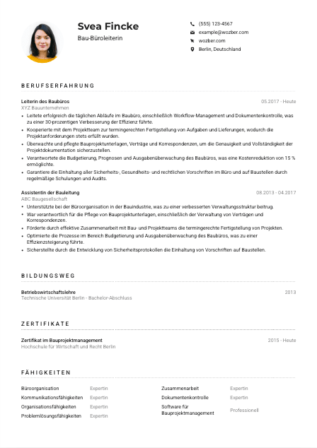 Lebenslauf-Muster für Bau-Büroleiter*in