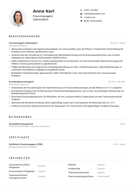 Lebenslauf-Muster für Praxismanager*in Zahnmedizin