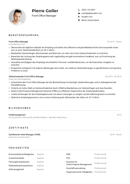 Lebenslauf-Muster für Front-Office-Manager*in