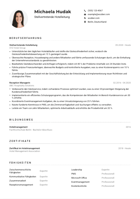 Lebenslauf-Muster für Stellvertretende*r Hotelleitung