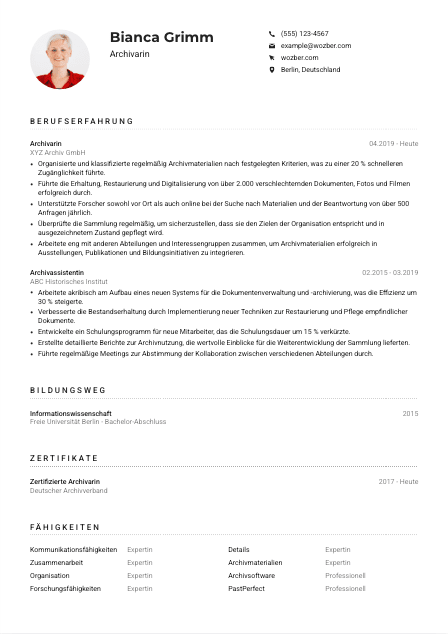 Lebenslauf-Muster für Archivar*in