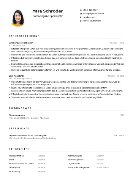 Lebenslauf-Muster für Dateneingabe-Spezialist*in