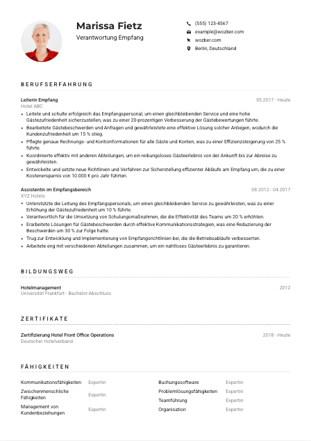 Lebenslauf-Muster für Verantwortung Empfang