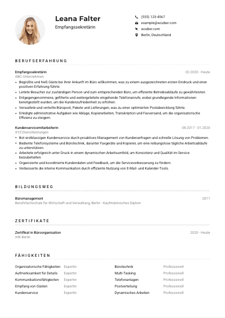 Lebenslauf-Muster für Empfangssekretär*in
