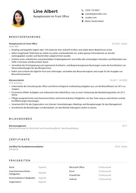 Lebenslauf-Muster für Rezeptionist*in im Front Office