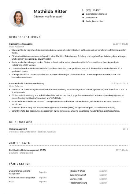 Lebenslauf-Muster für Gästeservice-Manager*in