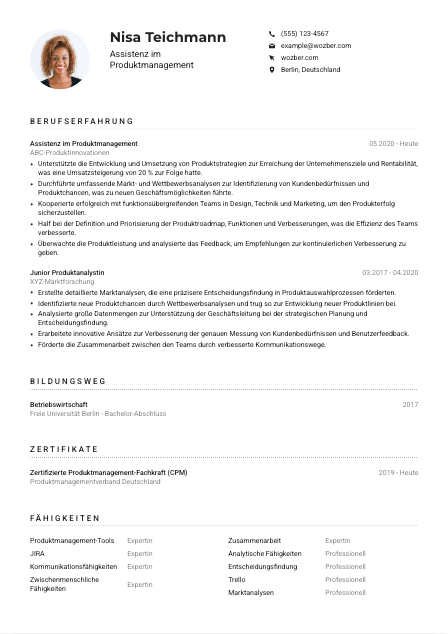 Lebenslauf-Muster für Assistenz im Produktmanagement