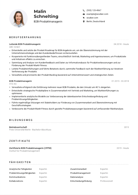 Lebenslauf-Muster für B2B-Produktmanager*in