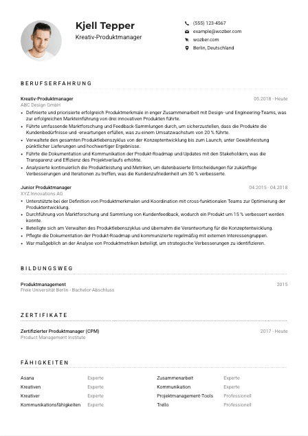 Lebenslauf-Muster für Kreativ-Produktmanager*in