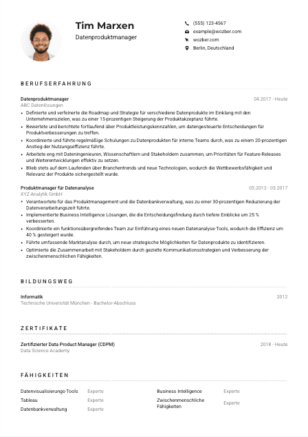 Lebenslauf-Muster für Datenproduktmanager*in