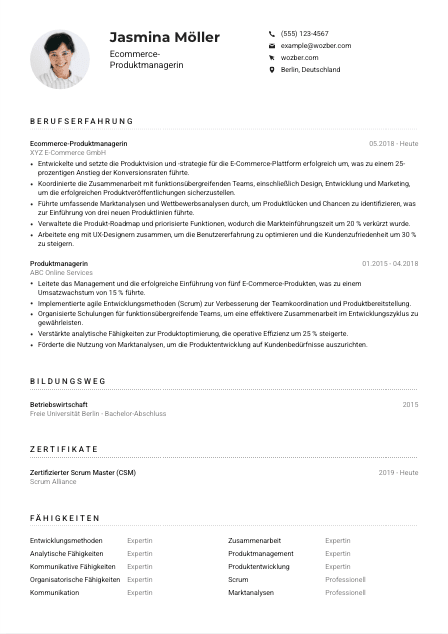 Lebenslauf-Muster für Ecommerce-Produktmanager*in