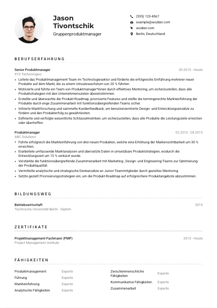 Lebenslauf-Muster für Gruppenproduktmanager*in