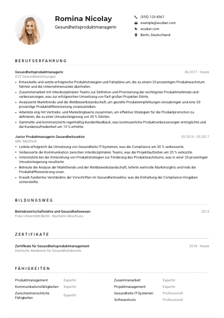 Lebenslauf-Muster für Gesundheitsproduktmanager*in