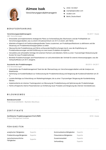 Lebenslauf-Muster für Versicherungsproduktmanager*in