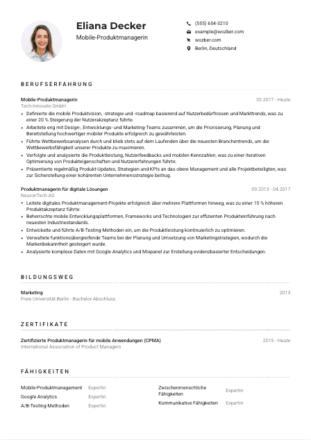 Lebenslauf-Muster für Mobile-Produktmanager*in