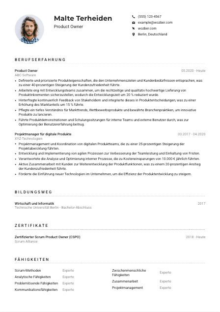 Lebenslauf-Muster für Product Owner