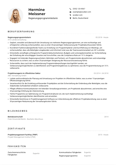 Lebenslauf-Muster für Regierungsprogrammleiter*in
